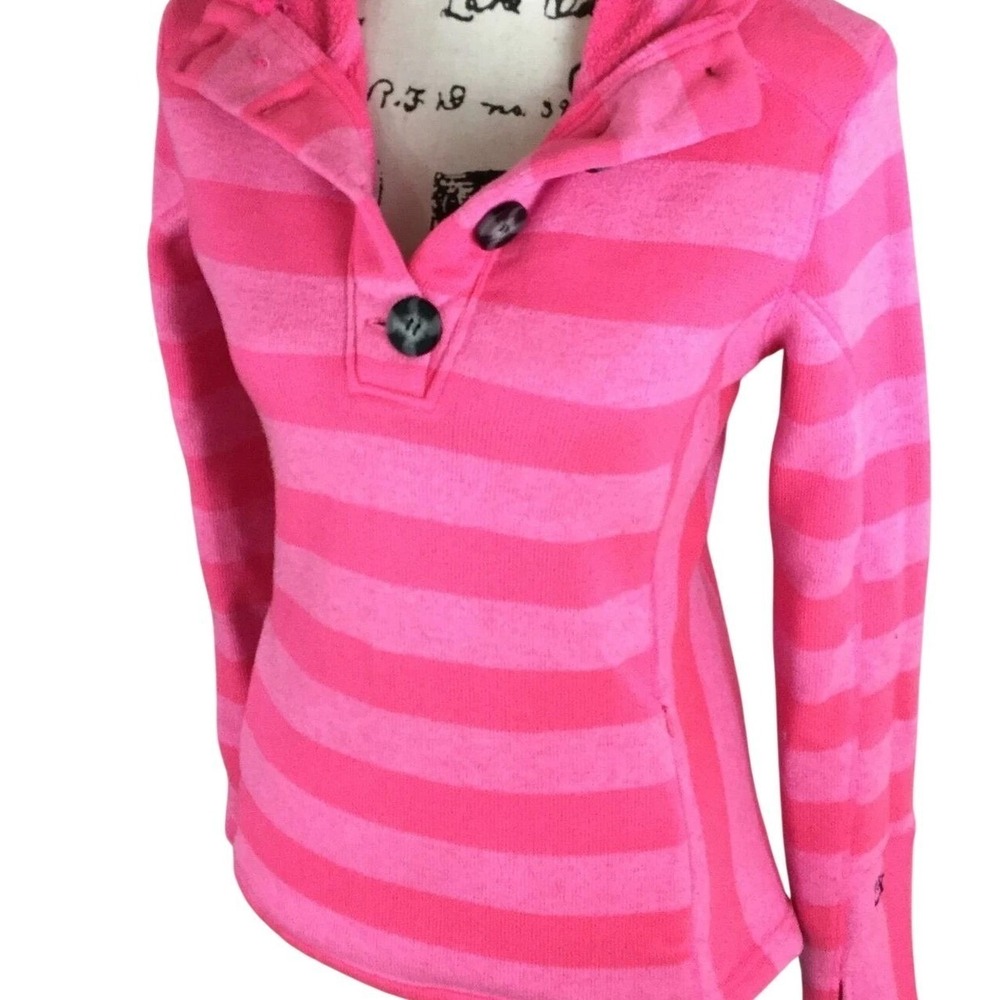 Avalanche‎ Striped Henley Hoodie Womens Medium Pink Excellent Thumbholes Fleece